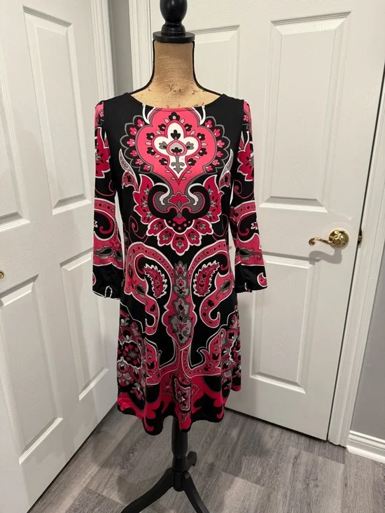 INC International Concepts Black and Pink Paisley-Print Long Sleeve A-Line Dress - Picture 6 of 7